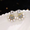 Elegant Luxury French Vintage Pearl Semi Circle Rhinestone Crystal Gold Alloy Stud Drop Earrings view 2