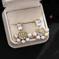 Elegant Luxury French Vintage Pearl Semi Circle Rhinestone Crystal Gold Alloy Stud Drop Earrings view 3