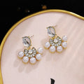 Elegant Luxury French Vintage Pearl Semi Circle Rhinestone Crystal Gold Alloy Stud Drop Earrings view 1