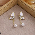 Elegant Enamel Butterfly Zircon Rhinestone Tassel Pearl Drop Earrings for Women Light Luxury Earrings view 4
