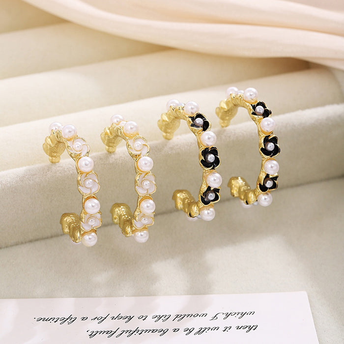 French Vintage Camellia Flower Hoop With Pearls, Gold Alloy Enamel Floral Luxury Statement Earrings
