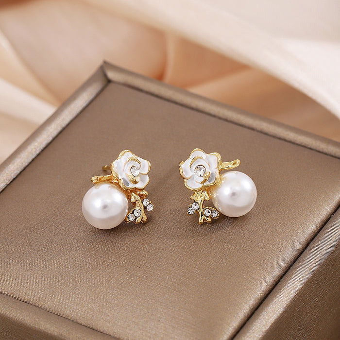 Elegant French Vintage Gold Alloy White Enamel Flower Zircon Rhinestone Pearl Drop Stud Earrings