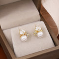 Elegant French Vintage Gold Alloy White Enamel Flower Zircon Rhinestone Pearl Drop Stud Earrings view 2