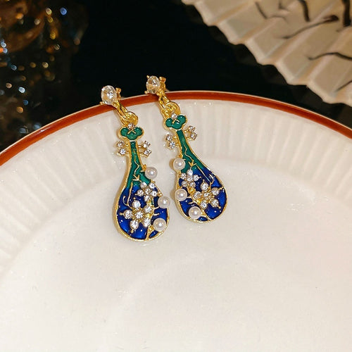 New Chinese Style Pipa Faux Pearl Rhinestone Stud Earrings, Elegant Geometric Silver Needle Jewelry