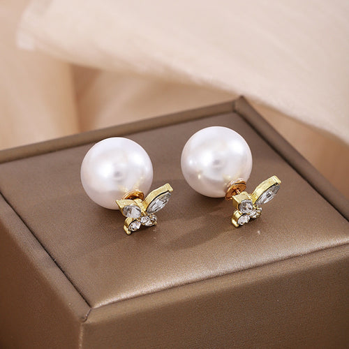 Elegant Korean Style Detachable Pearl Butterfly Zircon Rhinestone Gold Alloy Stud Earrings
