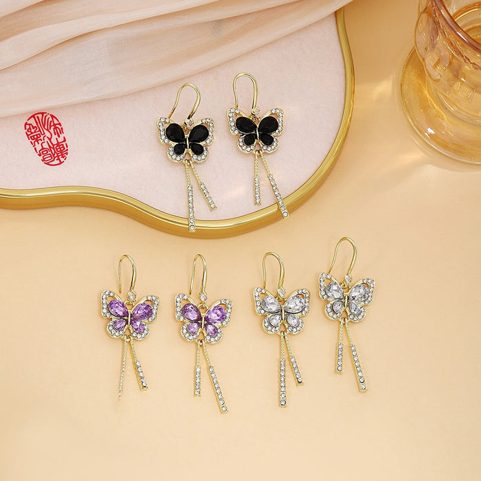 Elegant Light Luxury Hollow Butterfly Rhinestone Tassel Drop Dangle Alloy Fish Hook Earrings