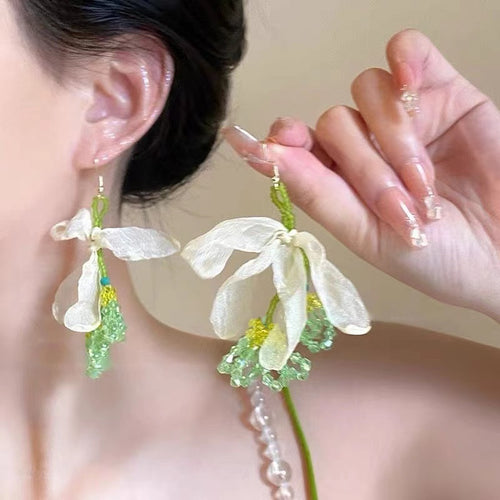 Sweet Floral Pearl Tassel Drop Earrings For Women Summer Vacation Style