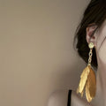 Gold Feather Tassel Drop Earrings With Silver Needle Pins, Chic Geometric Ethnic Vintage Style view 4