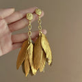 Gold Feather Tassel Drop Earrings With Silver Needle Pins, Chic Geometric Ethnic Vintage Style view 3