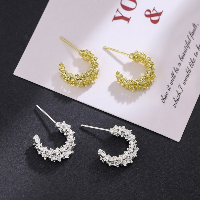 Elegant Irregular Crushed Metal C Hoop Stud Earrings, Light Luxury Alloy Silver Needle Open Hoop Earrings