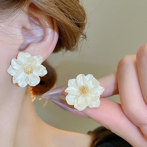 Premium Korean Style Resin Camellia Flower Stud Earrings For Women With Silver Needles