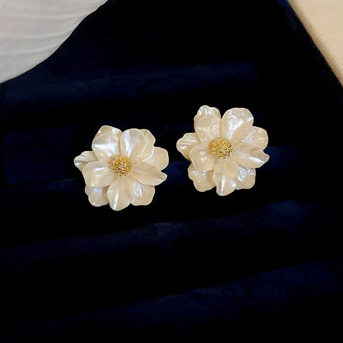 Premium Korean Style Resin Camellia Flower Stud Earrings For Women With Silver Needles