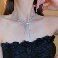 French Luxury Zircon Butterfly Tassel Earrings And Collarbone Necklace Jewelry Set view 3