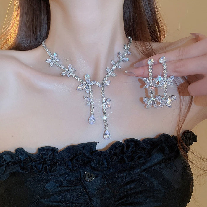 French Luxury Zircon Butterfly Tassel Earrings And Collarbone Necklace Jewelry Set