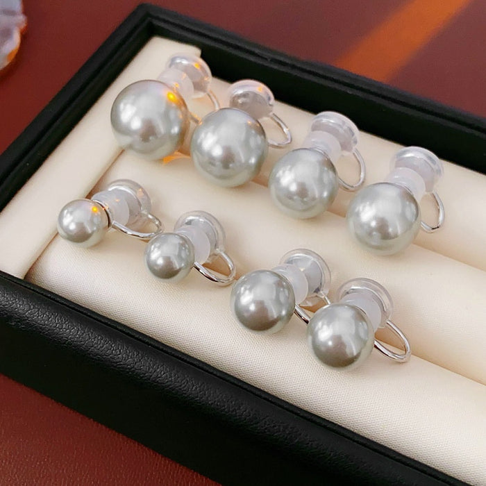 French Chic Faux Pearl Geometric Round Clip-on Earrings, Minimalist No-Piercing Ear Cuffs for Women