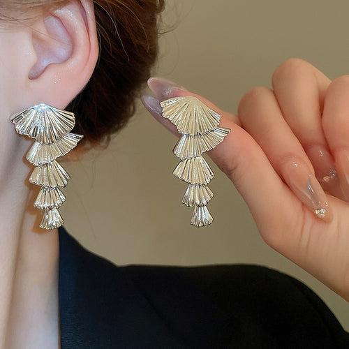 Chic Geometric Fan Metal Tassel Drop Earrings With Silver Posts