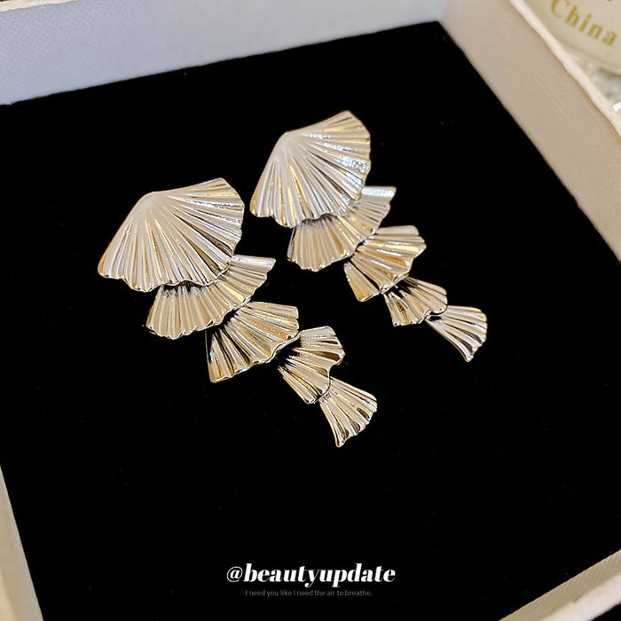 Chic Geometric Fan Metal Tassel Drop Earrings With Silver Posts