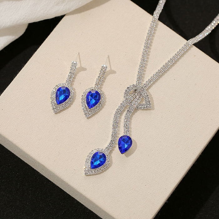 Luxury Blue Teardrop Crystal Rhinestone Alloy Dangle Jewelry Set For Women Elegant Geometric Earrings