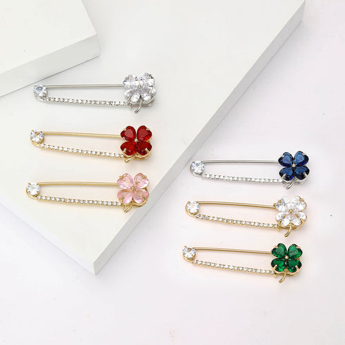 Alloy Rhinestone Four Leaf Clover Brooch Pin For Women's Suits