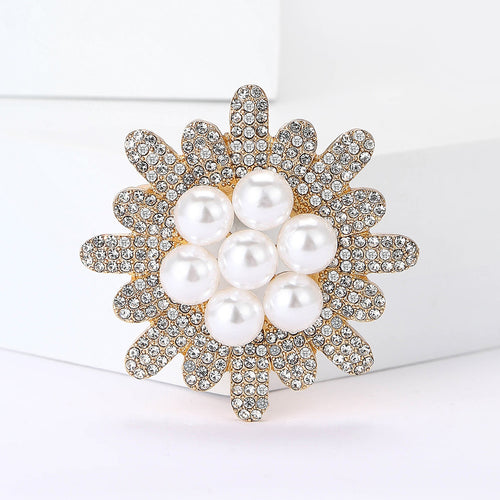 Alloy Rhinestone Pearl Sunflower Brooch Pin For Women's Apparel