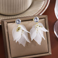 Elegant Zircon Studs With Frosted Acrylic Flower Petals And Gold LOVE Charm Lightweight Shell Drop Earrings view 1