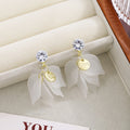 Elegant Zircon Studs With Frosted Acrylic Flower Petals And Gold LOVE Charm Lightweight Shell Drop Earrings view 3