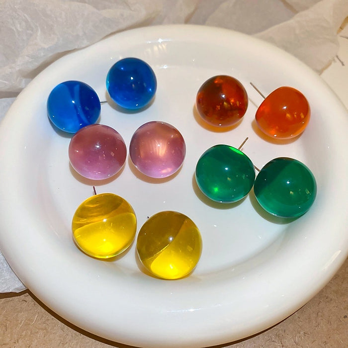 Colorful Transparent Resin Round Ball Stud Earrings, Minimalist Fresh Geometric Style
