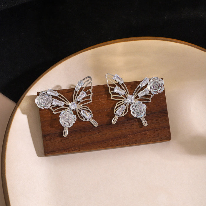 Elegant Hollow Butterfly Rose Micro Paved Zircon Crystal Alloy Silver Needle Statement Earrings