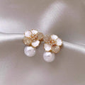 Gold Plated Silver Pin Faux Pearl Flower Stud Earrings Chic Light Luxury Fashion Jewelry view 4