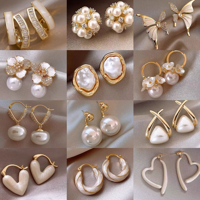 Gold Plated Silver Pin Faux Pearl Flower Stud Earrings Chic Light Luxury Fashion Jewelry