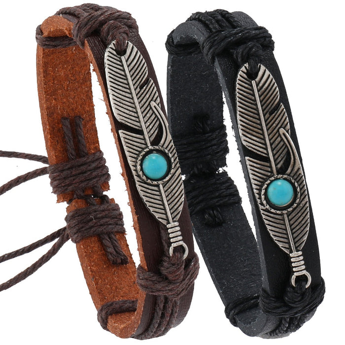 Minimalist Fashion Handmade Braided PU Leather Couple Bracelet With Vintage Alloy Feather Charm