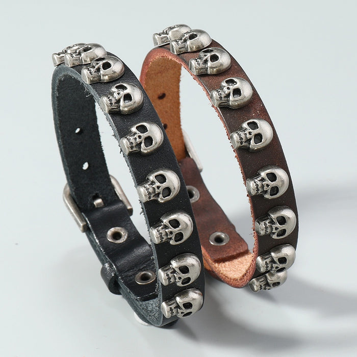 European American Punk Men's Bracelet With Vintage Alloy Skull And Cowhide Leather Strap
