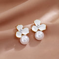 Elegant Korean Light Luxury White Enamel Flower Zircon Crystal Gold Alloy Pearl Drop Stud Earrings view 2