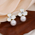 Elegant Korean Light Luxury White Enamel Flower Zircon Crystal Gold Alloy Pearl Drop Stud Earrings view 1