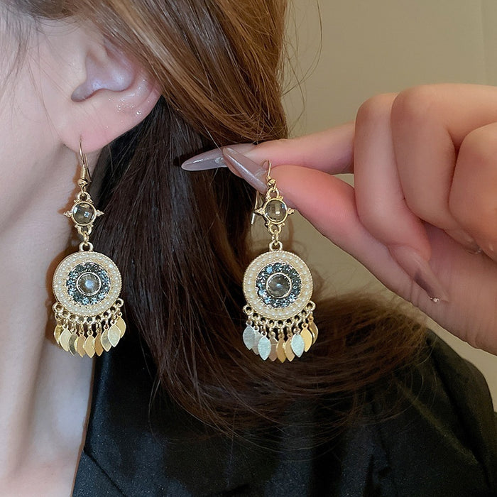Bohemian Vintage Faux Pearl Waterdrop Tassel Drop Earrings With Geometric Round Charm
