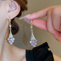 French Violet Rhinestone Flower Alloy Drop Earrings With Silver Needle Posts For Women view 4
