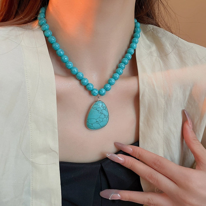 Bohemian Crackle Teardrop Faux Stone Pendant Necklace, Vintage Minimalist Collarbone Style
