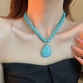 Bohemian Crackle Teardrop Faux Stone Pendant Necklace, Vintage Minimalist Collarbone Style view 3