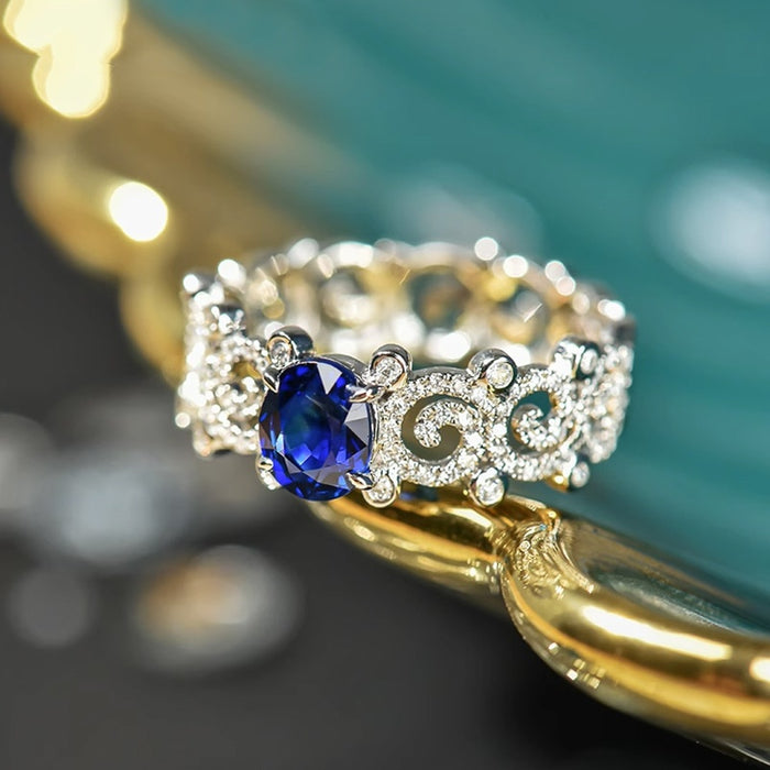 Hollow Leaf Vine Pattern Ring With Faux Sapphire Stone, European Style Fashion Jewelry For Women