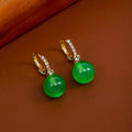 Vintage French Geometric Round Green Bead Drop Huggie Hoop With Gold Alloy Rhinestone Accents Earrings view 3