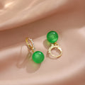 Vintage French Geometric Round Green Bead Drop Huggie Hoop With Gold Alloy Rhinestone Accents Earrings view 2