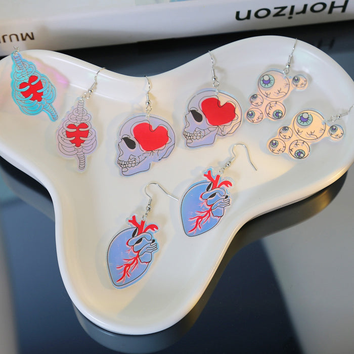 Halloween Holographic Acrylic Skull Heart Ribcage Eyeball Cartoon Statement Drop Earrings