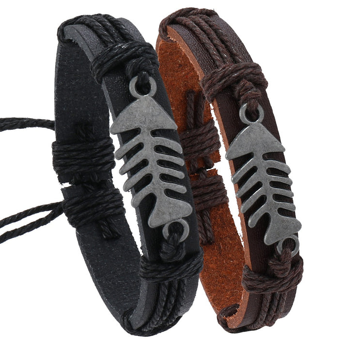 Simple Handmade Braided Leather Bracelet Vintage Alloy Fishbone Ocean Style Wristband