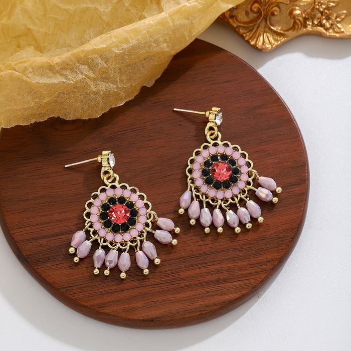 Vintage Ethnic Round Rhinestone Beaded Alloy Long Tassel Drop Earrings for Women Elegant Geometric Earrings