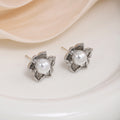 Elegant French Vintage Flower Pearl Studs With Silver-Tone Alloy Petal Design For Women Earrings view 4