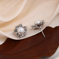 Elegant French Vintage Flower Pearl Studs With Silver-Tone Alloy Petal Design For Women Earrings view 3