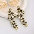 Elegant Luxury Vintage Gold Alloy Enamel Flower Pearl Accented Long Drop Tassel Statement Earrings view 2