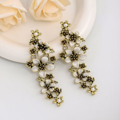 Elegant Luxury Vintage Gold Alloy Enamel Flower Pearl Accented Long Drop Tassel Statement Earrings