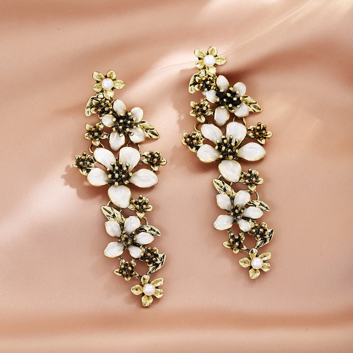 Elegant Luxury Vintage Gold Alloy Enamel Flower Pearl Accented Long Drop Tassel Statement Earrings