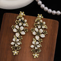 Elegant Luxury Vintage Gold Alloy Enamel Flower Pearl Accented Long Drop Tassel Statement Earrings view 3